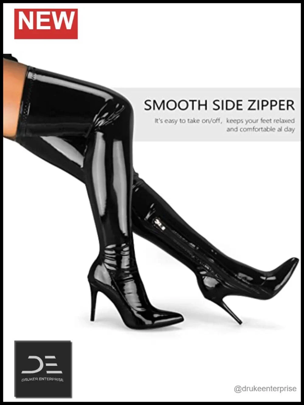 Patent Leather PU Thigh High Boots Stiletto Pointed Toe Side Zip Over Knee Shoes